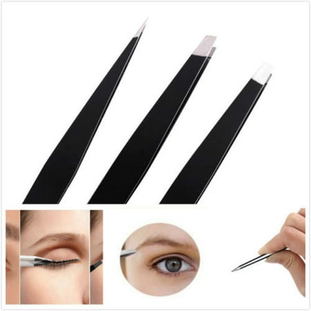 Professional Slant Tip - 3pcs Stainless Steel Slant Tweezer Tip Eyebrow Hair Remover Professional Tool Kit - Black