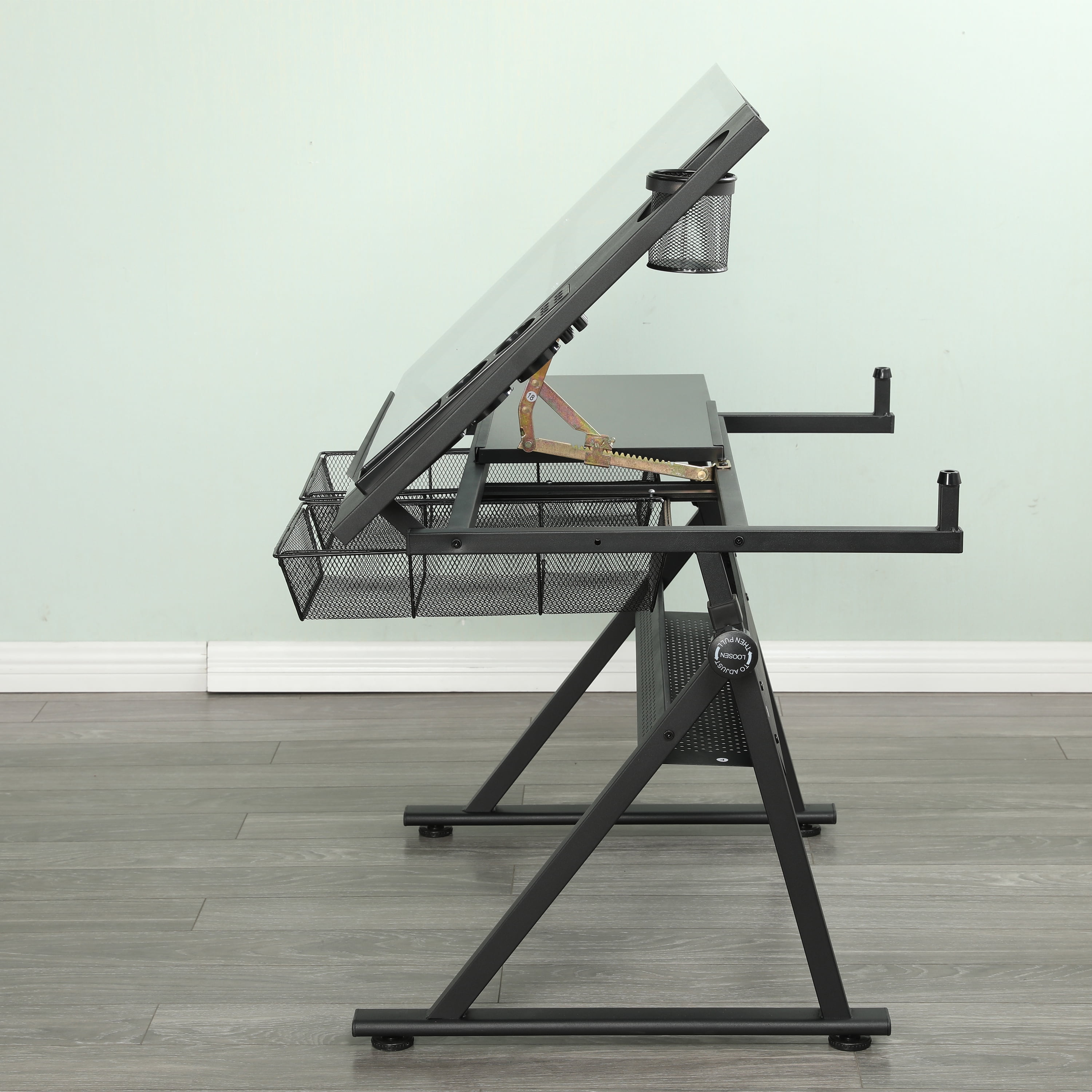 Drafting Table, 0-70° Adjustable Glass Top Artist Table, Height Adjustable Drafting Desk with Large Storage for Painting & Crafting, Ideal for Designers and Art Students (Black)