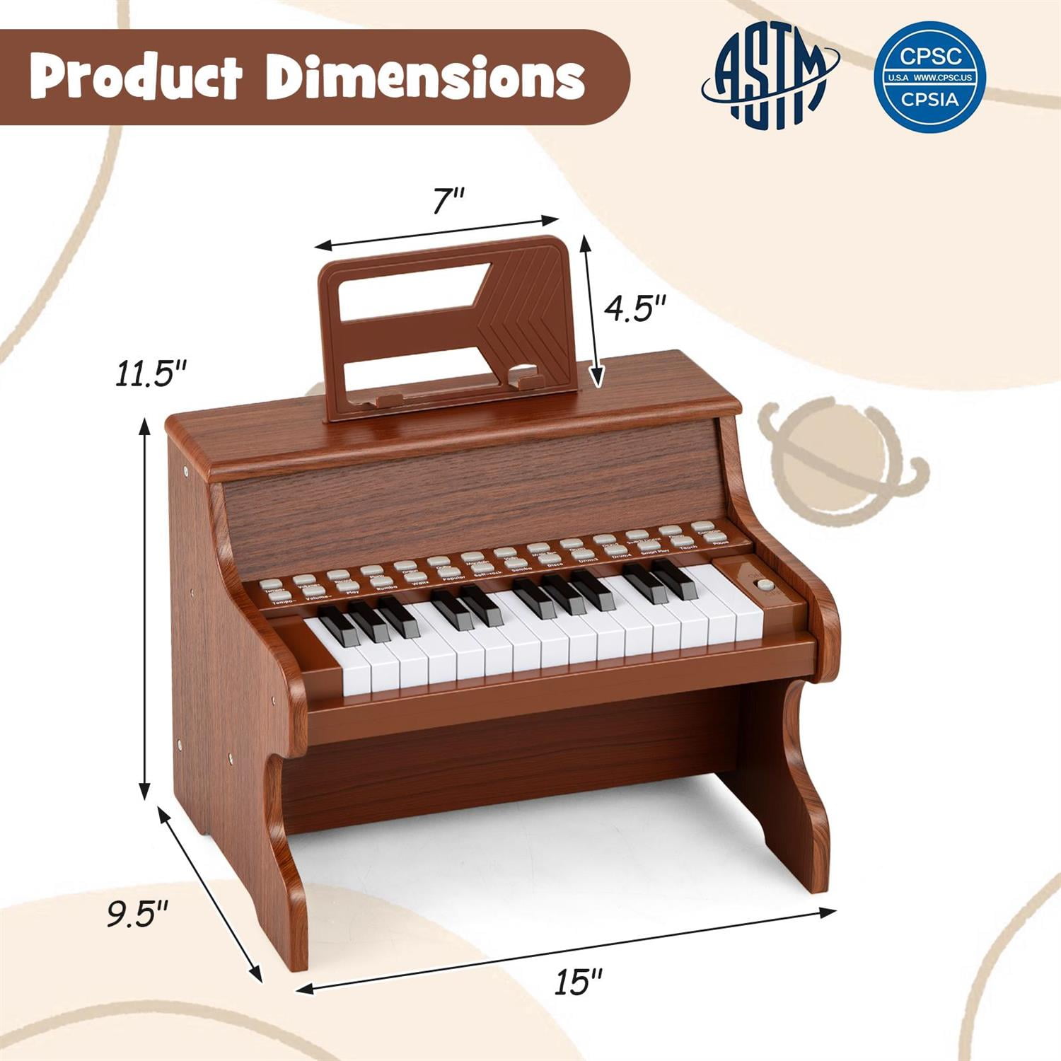 Demi Bonn Music Learning 25-Key Piano Keyboard, Record Function, Teaching Mode, Adjustable Speed, Brown