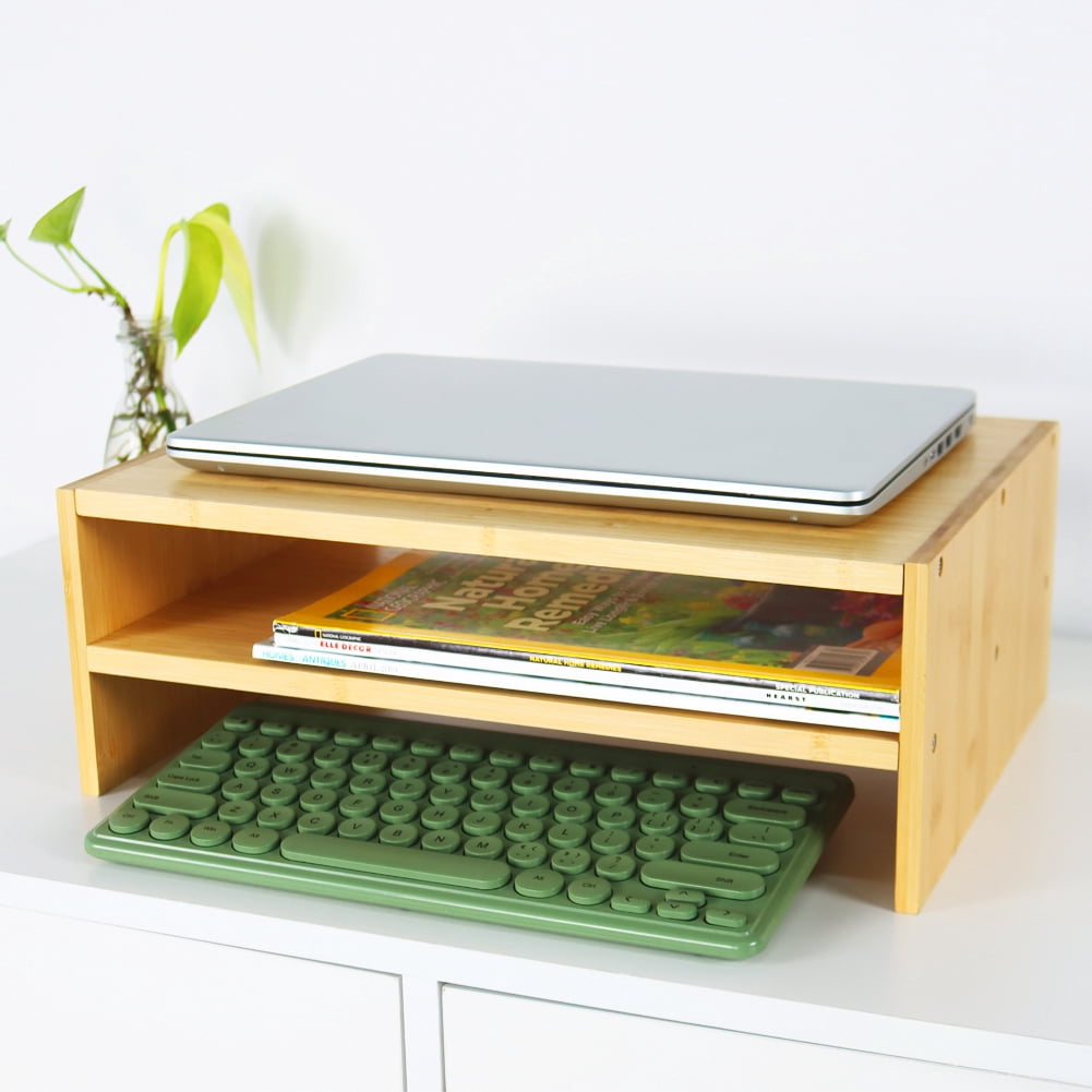 WKWKER 2-Tier Bamboo Monitor Riser Stand Desk Laptop Stand for Workstation Home Office Computer Laptop Printer Stand Natural Color (Flat)