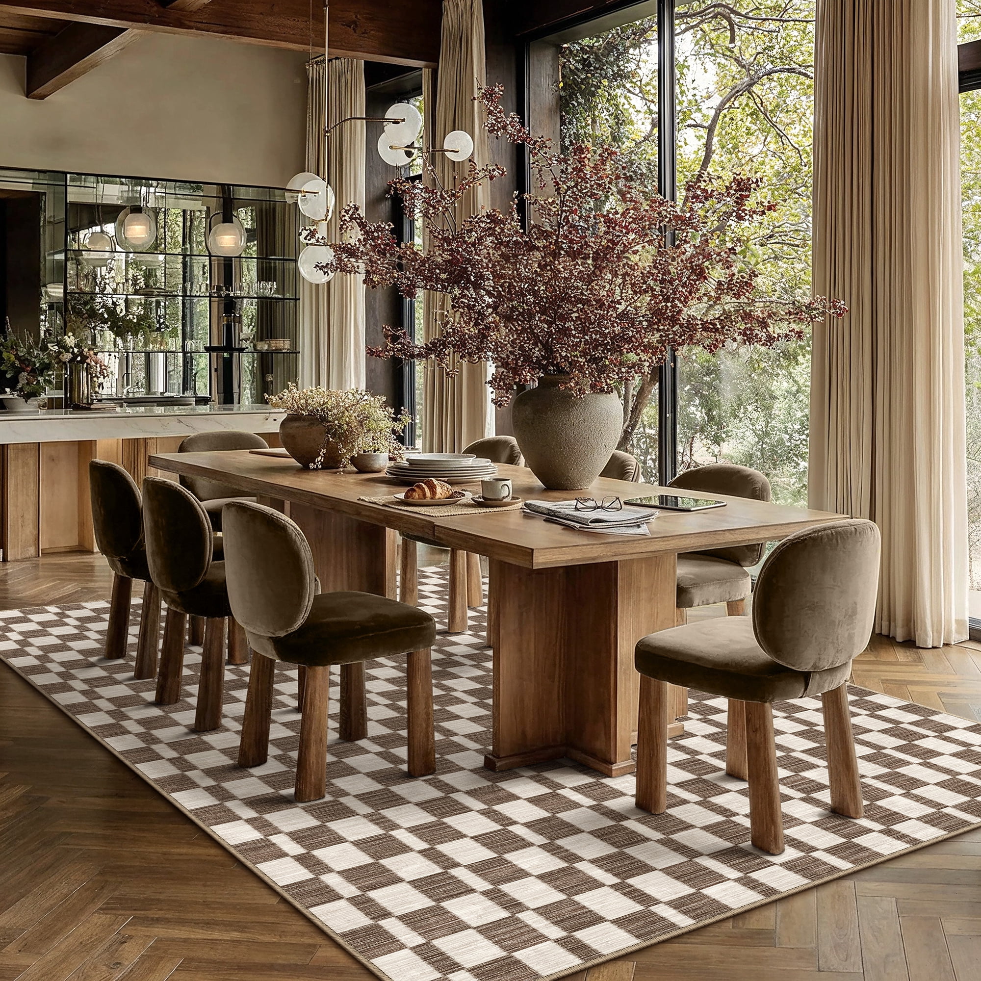 BERTHMEER 5'x7' Area Rugs for Living Room Modern Checkered Plaid Rugs Soft Faux Wool Bedroom Office Dining Room Farmhouse Geometric Contemporary Washable Non Slip Rugs Carpets, Coffee