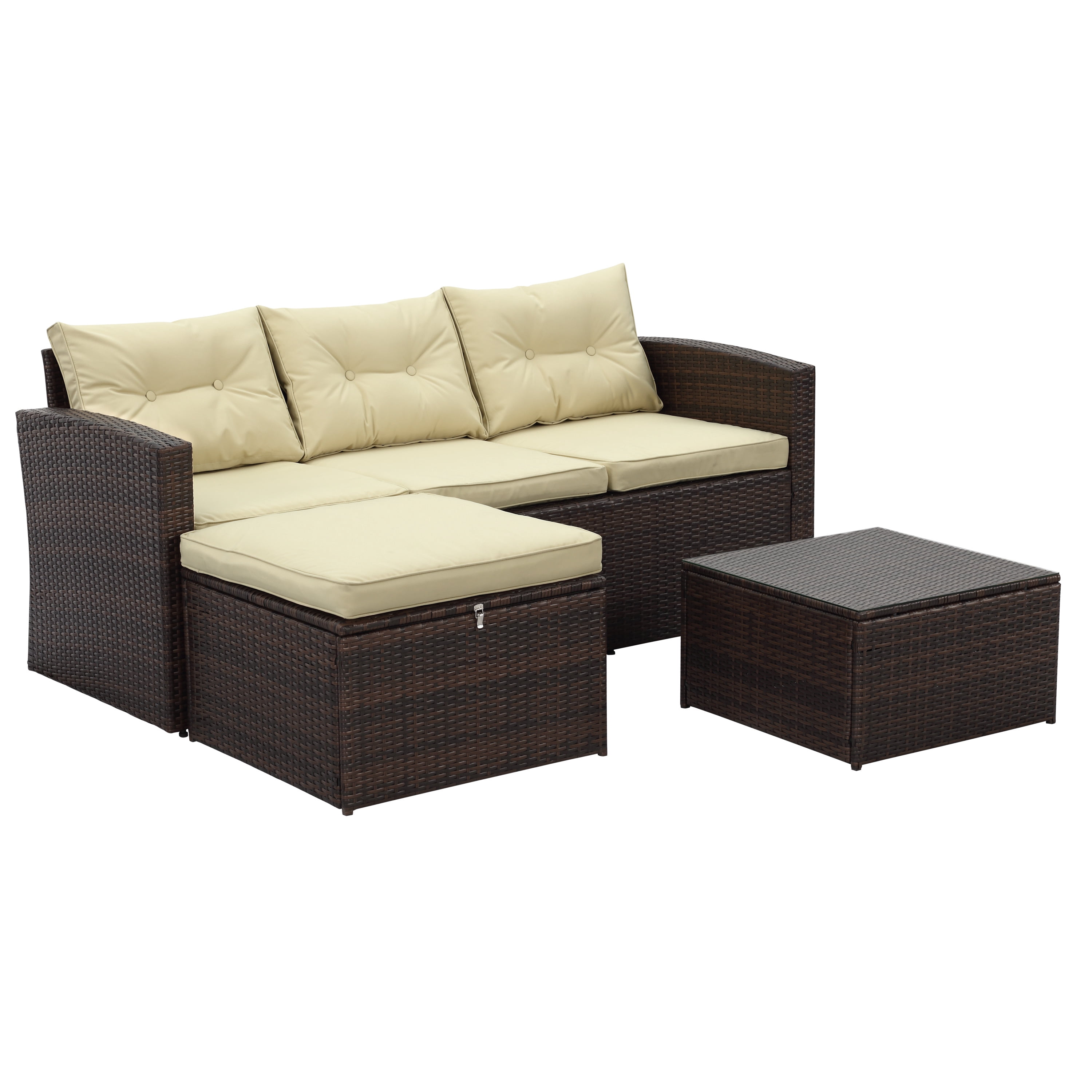 Incadozo 3-Piece All-Weather Wicker Conversation Set with Storage and Tan Cushions, Dark Brown