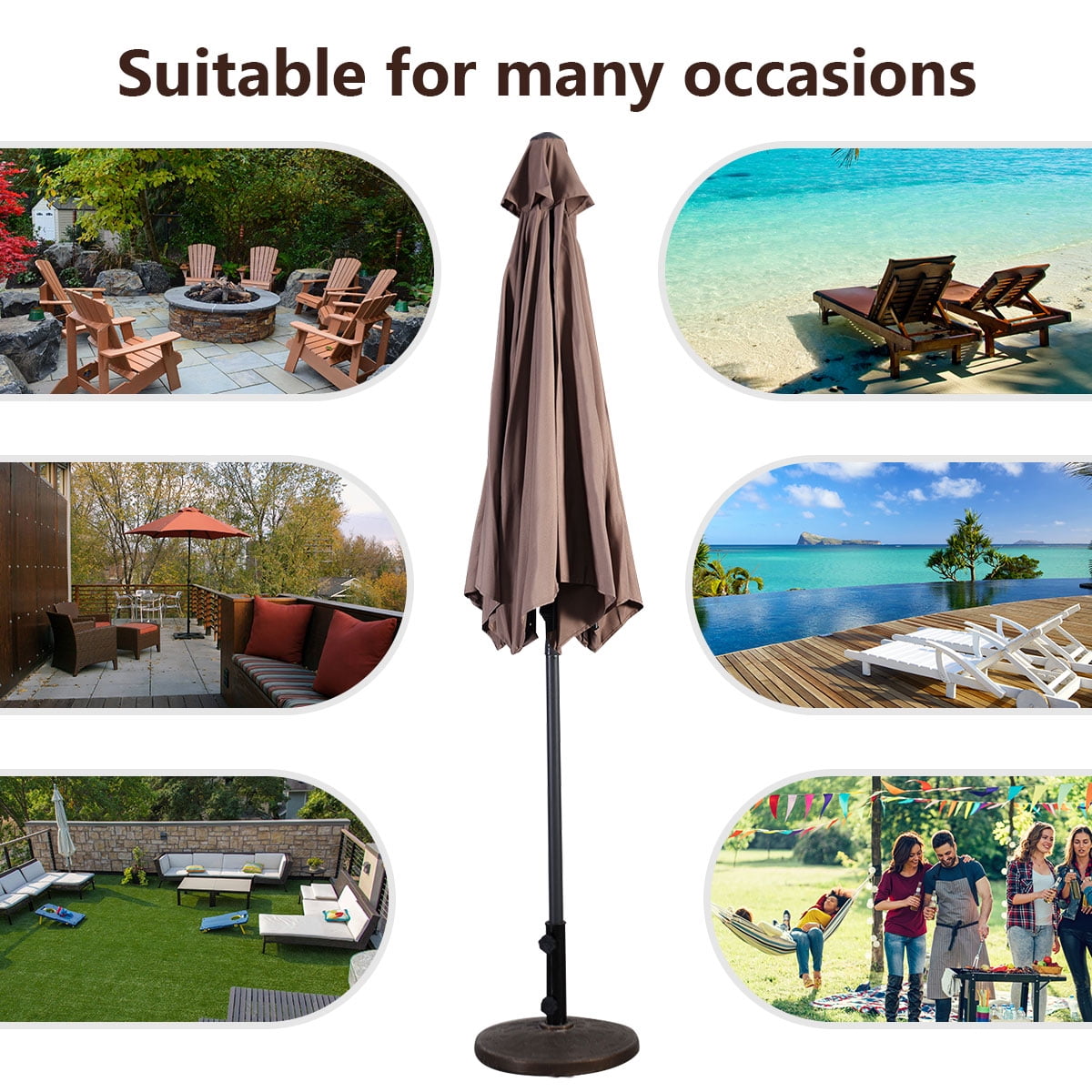 Costway 9ft Patio Umbrella Patio Market Steel Tilt w/ Crank Outdoor Yard Garden (Tan)