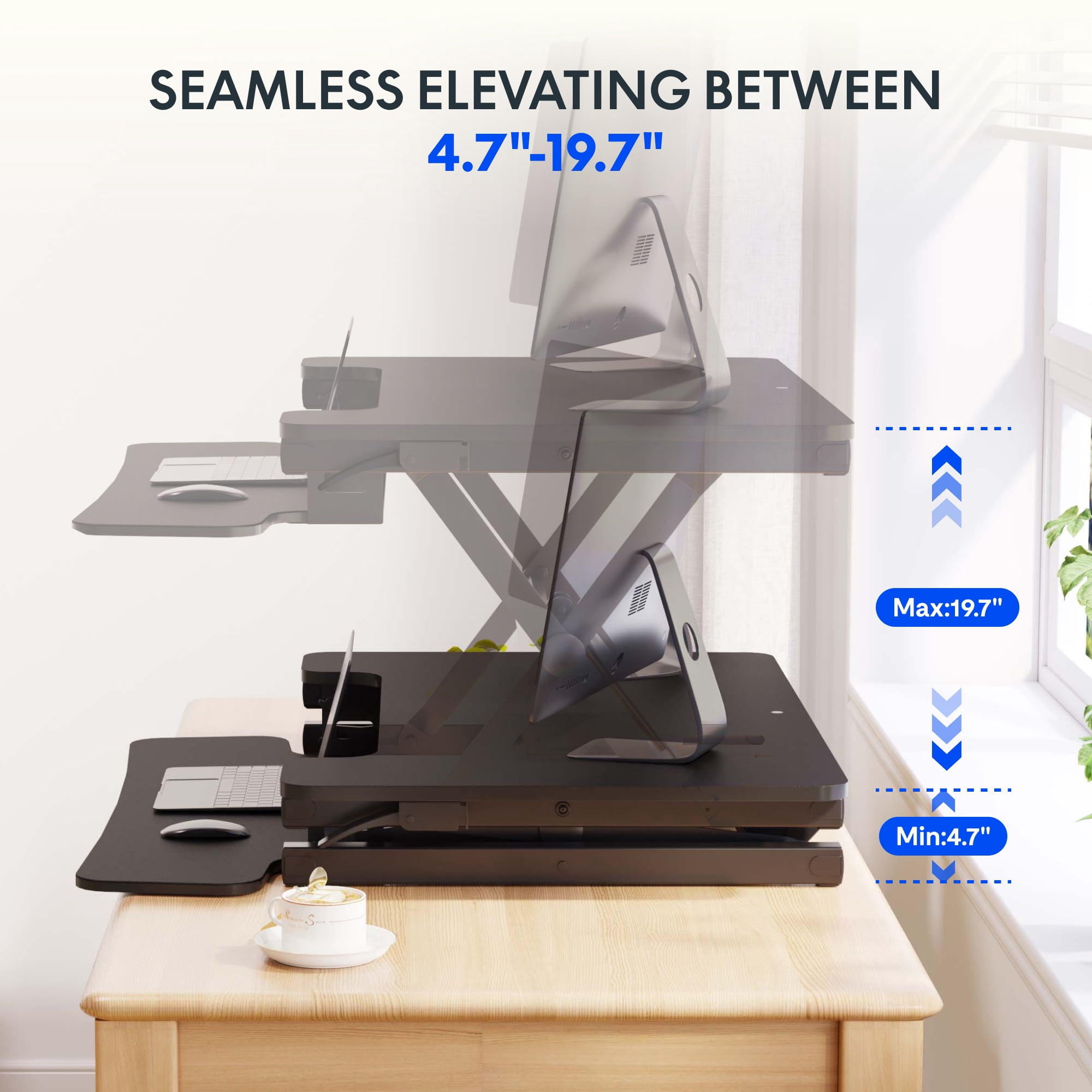 FLEXISPOT 35“ Height Adjustable Stand Up Desk Converter,  Height Adjustable Sit to Stand Riser, Dual Monitor and Laptop Workstation with Keyboard Tray, Black