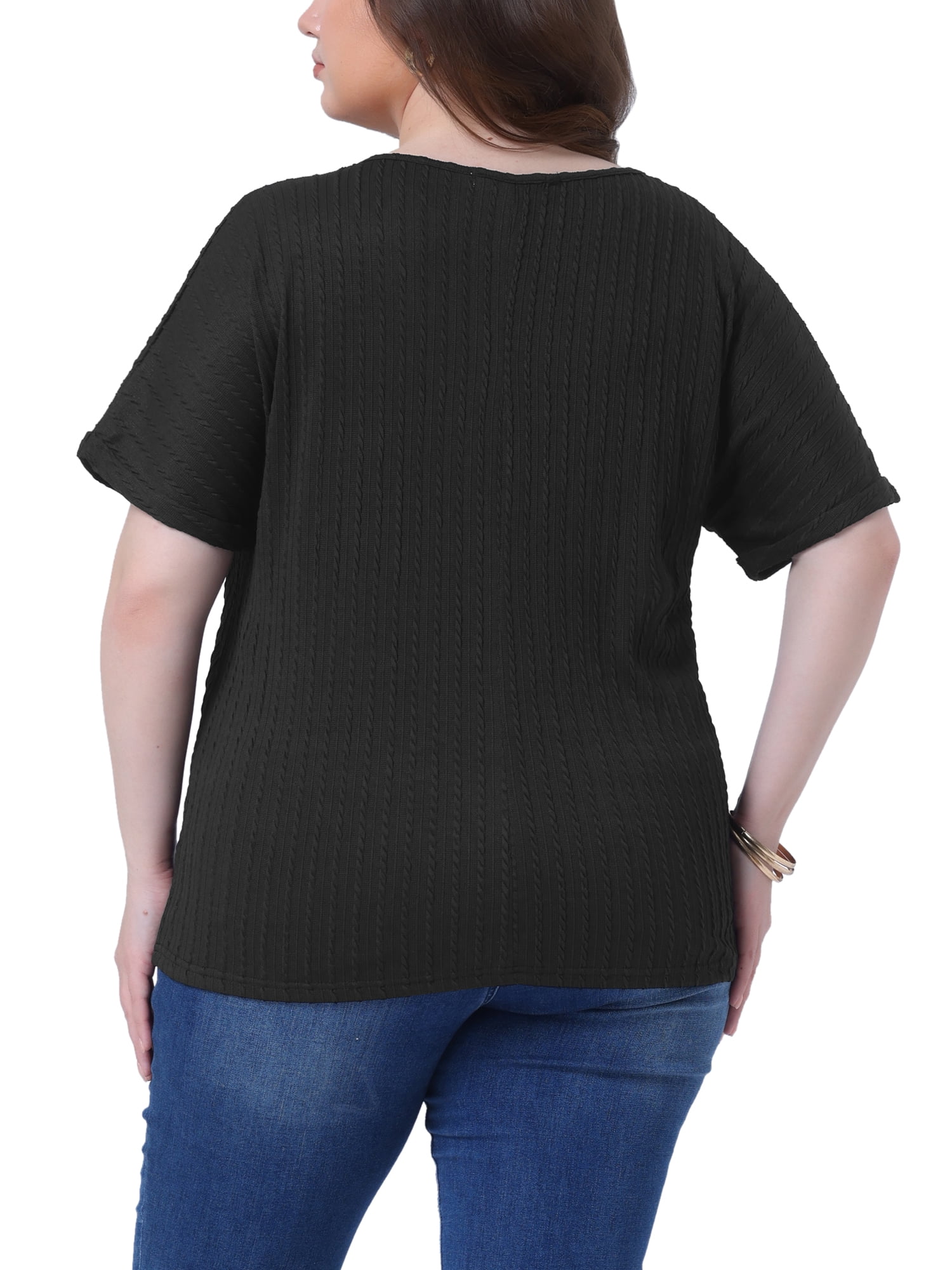 DARING DIVA Women's Plus Textured Rolled Sleeve Tee Crew Neck Blouses 2X Black
