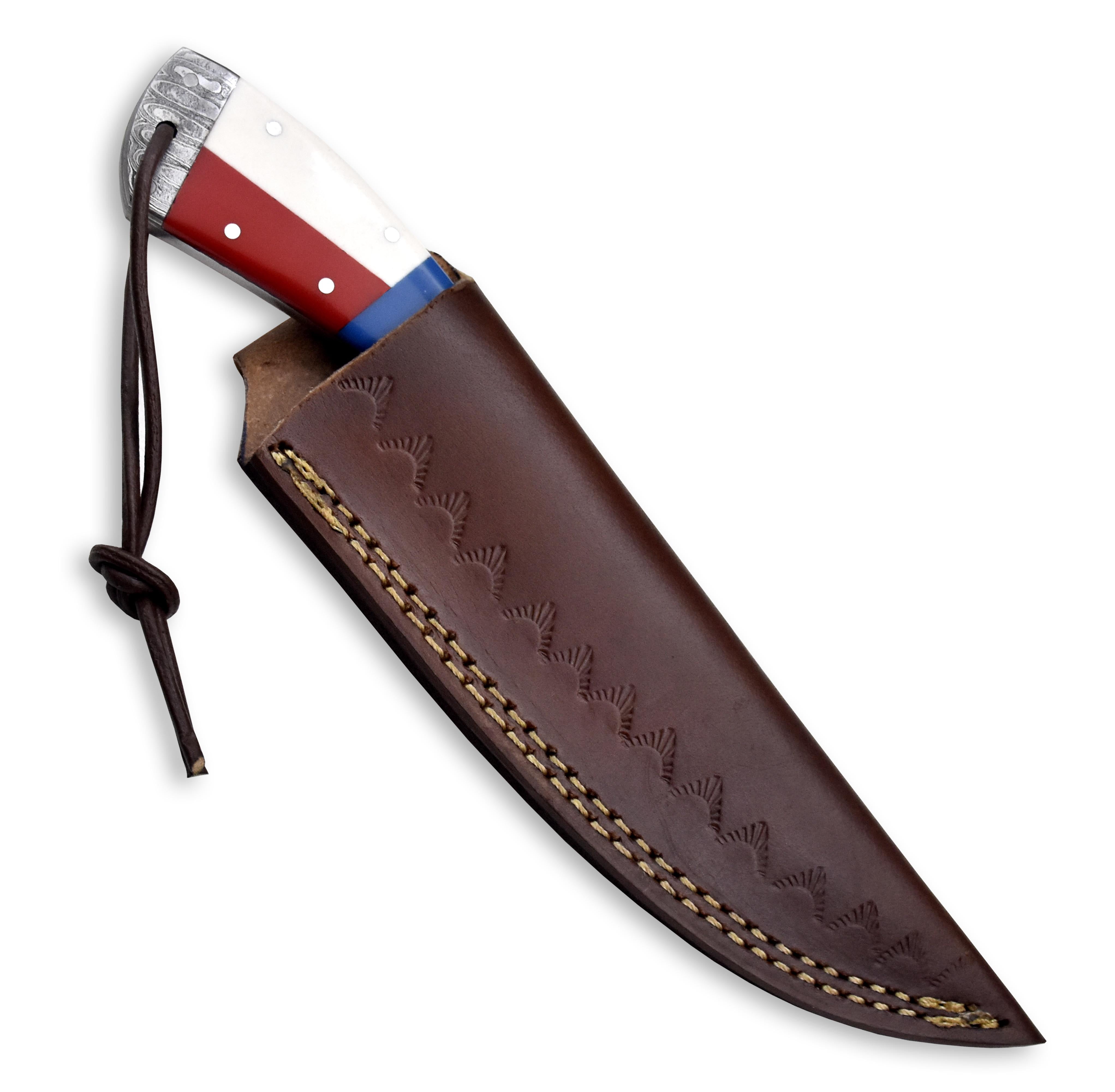 Hercules Knives Damascus Steel Camping Hunting Knife with Leather Sheath Texas Flag Resin Handle