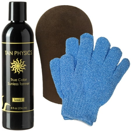 Tan Physics True Color Tanner 8 oz w/ FREE Tanning Mitt and Exfoliation Gloves by Sans-Sun