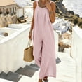 thumbnail image 4 of YYV Overalls for Women Cotton Linen Jumpsuit Casual Round Neck Striped Sleeveless Romper with Pockets for Summer Spring Pink S, 4 of 6