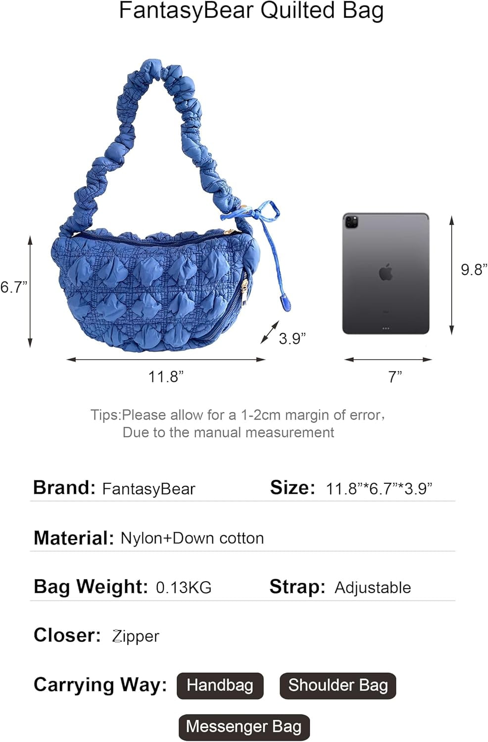 Small Bag,Adjustable Shoulder Strap Puffer Crescent Crossbody Bags Lightweight Hobo Handbag Puff Purse