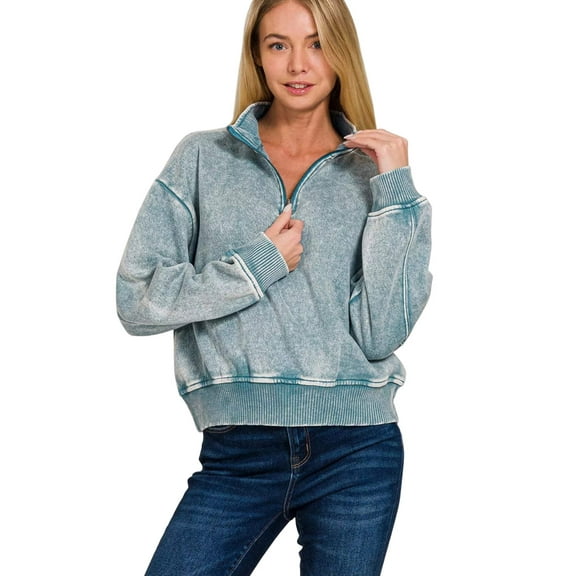 Zenana Acid Wash Fleece Half Zip Sweatshirt