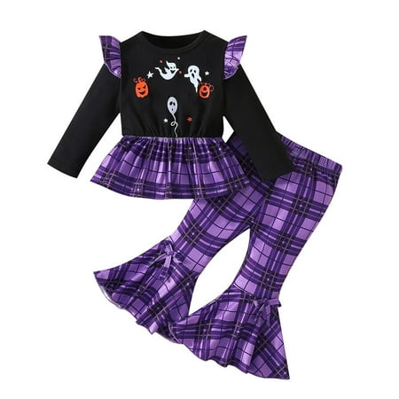 

Thhvdrg Baby Girls Clothes Kids Toddler Girl Halloween Outfits Crewneck Flared Long Sleeve Tops and Plaid Print Flared Pants 2 Pcs Set Fall Winter Clothings
