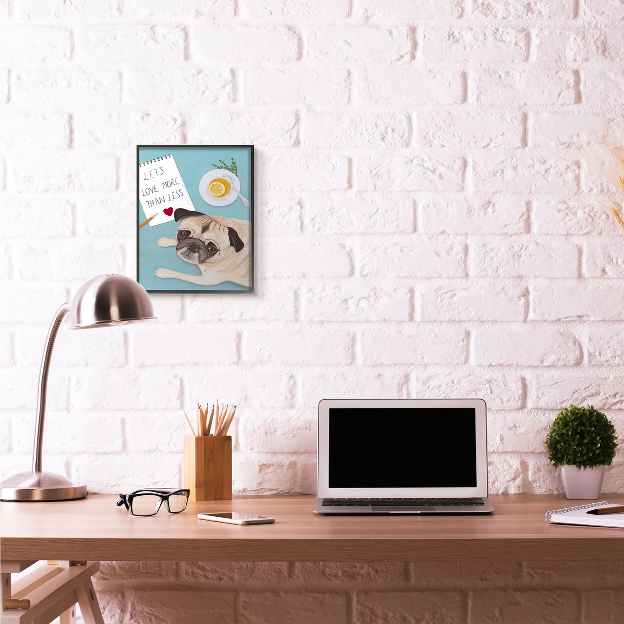 Stupell Industries Love More Pug With Tea Dog Painting Black Framed Art Print Wall Art, 11x14, by Sally B