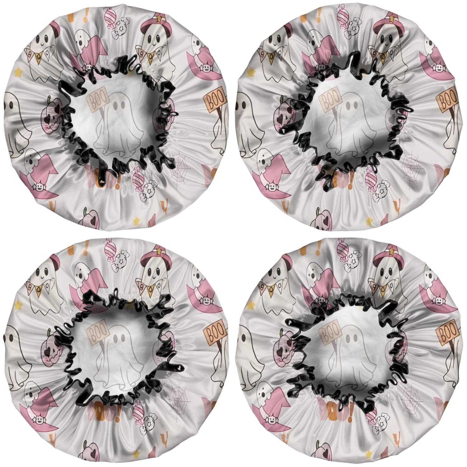 Shower Caps,Pink Halloween Ghosts Waterproof Shower Cap for Women 4 Pieces,Double Reusable Hair Cover for Shower PEVA Elastic Stretch Hem