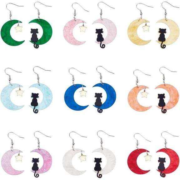 9 Pairs Acrylic Animal Dangle Earrings Black Cat on the Moon Dangle Earrings Lovely Moon Star Cat Earrings Funny Asymmetric Earrings Birthday Jewelry Gifts for Women Mixed Color