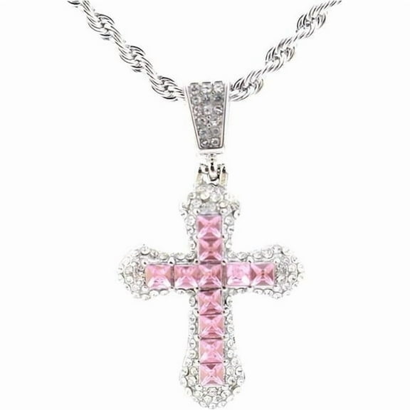 EHIW Crystal Cross Pendant Necklace, Pink Zircon Stones, Silver Chain, 24 Inches