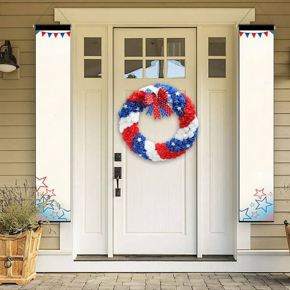 PALIFEUR 4th of July Wreath, 13.78 Inch Patriotic Wreaths for Front Door, Artificial Floral Spring Wreaths Decorations for Memorial Day Independence Day Veterans Day, Red Blue White