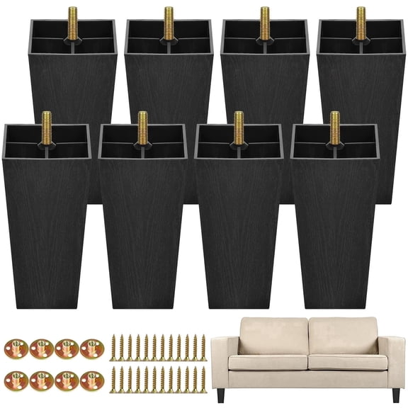TURSTIN 8 Pack 5.7" Plastic Furniture Legs, Square Tapered Sofa Feet with M8 Hardware, Black