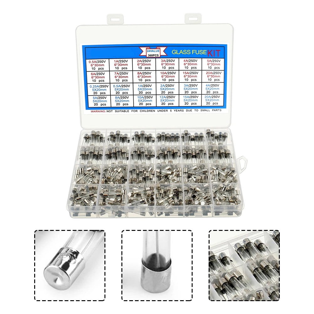 360pcs Fast Blow Glass Fuse Assortment Kit 24 Values Fuses Kit Tube Fuses Sets