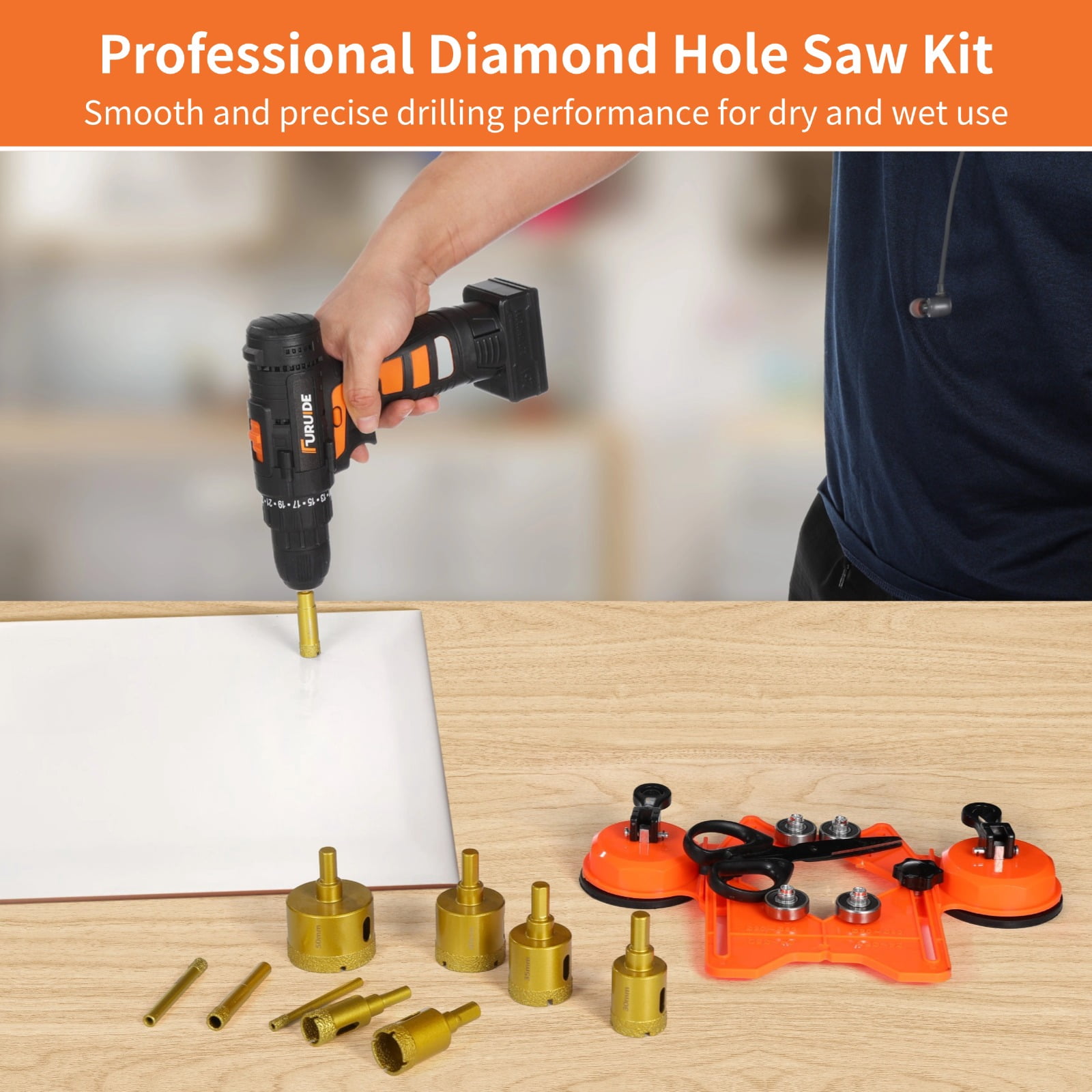12 PCS Diamond Hole Saw Kit, 10 Sizes Diamond Drill Bits with Suction Cup Hole Saw Guide Jig Fixture for Tile Ceramic Glass Marble