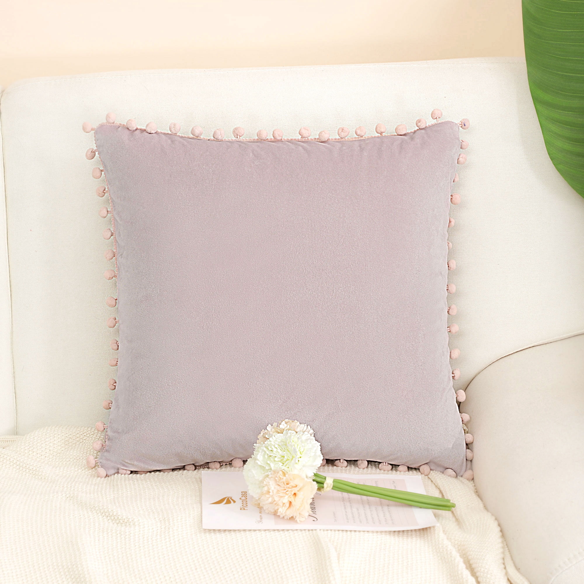 Unique Bargains Velvet Pillow Cover with Pompoms for Sofa 1PCS Pale Pink 16x16Inch