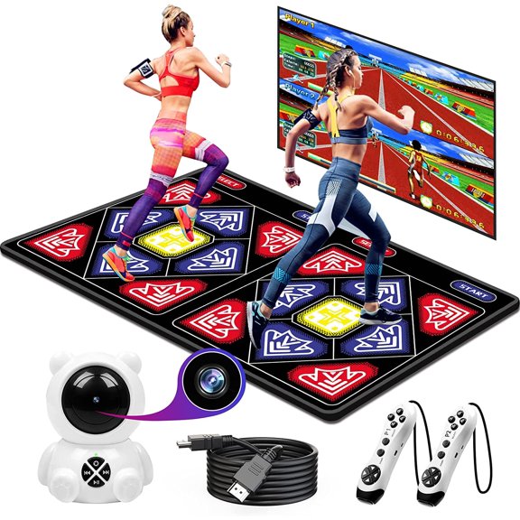 Electronic Dance Mat for Adult Kids, Yoga Fitness Double Dancing Step Floor Mat w/ HD Camera for HDMI Interface TV,Rechargeable Host & Remote Controller Dance Step Pad,Non-Slip