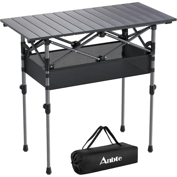 Anbte 2 Adjustable Height Folding Camping Table, Aluminum Roll Top with Storage Net & Bag, 32.2" x 16" Black for Tailgate BBQ Picnic