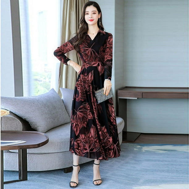 Homely Maxi Dress For Women Fashion Women V-Neck Long Sleeve Long Dress  Ladies Floral Print A-line Dress