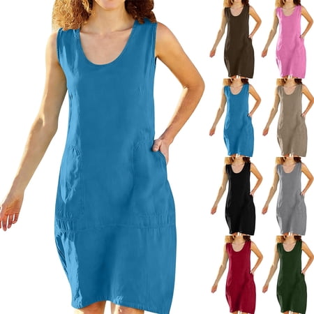 Oksale Cotton Linen Dress Women Casual Cozy Sleeveless Tank Dress with Pockets Round Neck Knee Length Summer Dress for Beach Black S