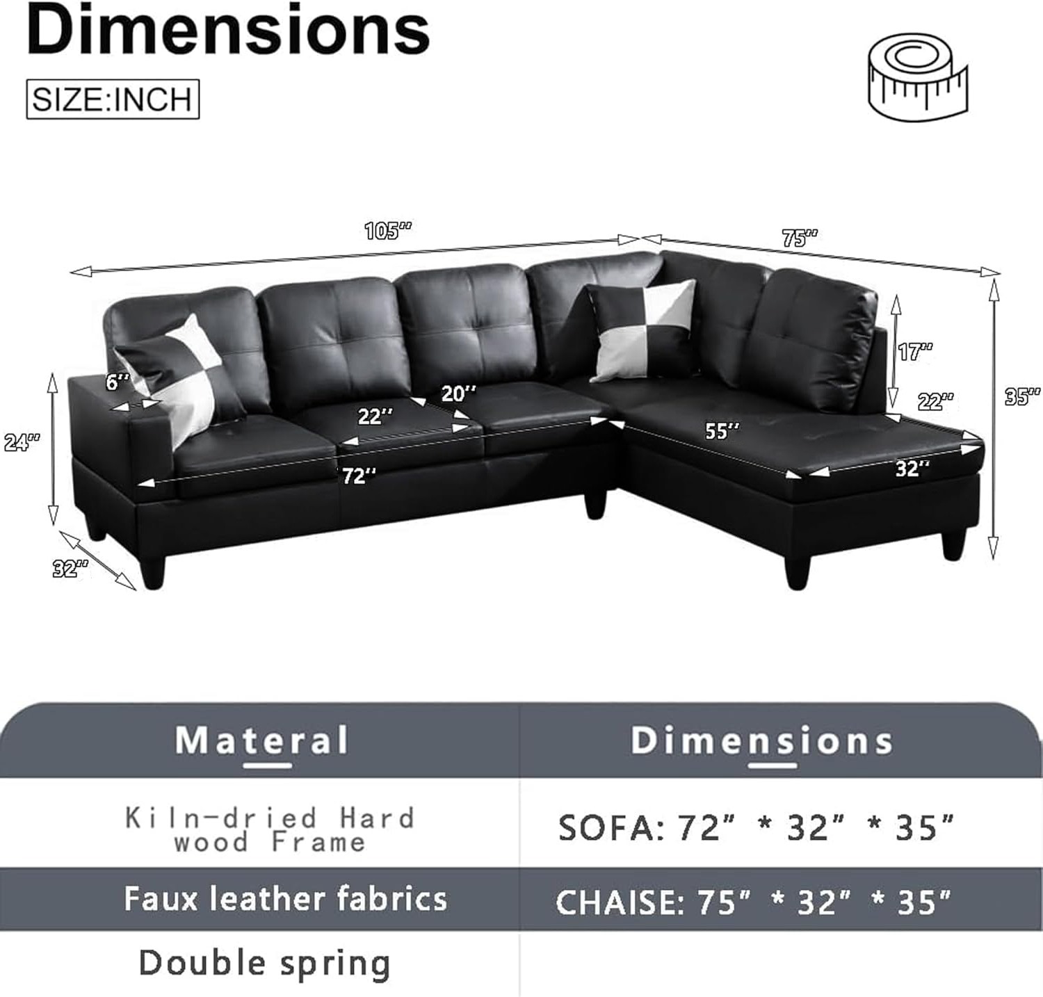 Sectional Couch for Living Room Furniture Sets, Black Faux Leather Sofa Couch L Shape Couch Living Room Sofa with Chaise 2 Piece Using for Living Room(Black,Facing Right Chaise)