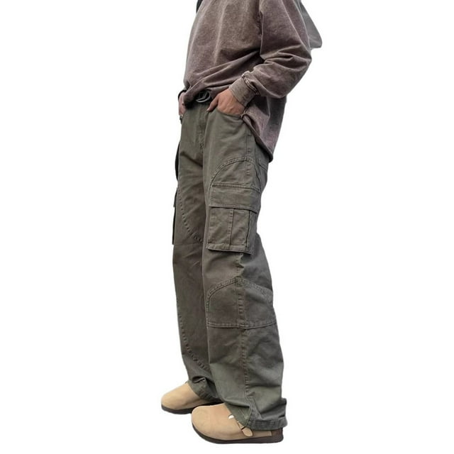 Men's Straight Leg Flared Cargo Pants - Wide Leg, Multiple Pockets, Polyester Fabric, Work Casual (S-XXXL), Trendy Outings
