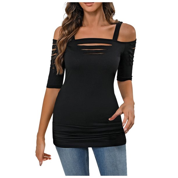 Top de moda con hombros descubiertos y mangas 3/4 con aberturas - Diseño hueco, corte holgado, estilo con hombros descubiertos - Blusa larga informal y sexy para mujer