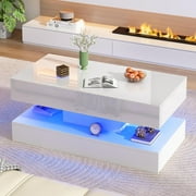 ChVans 39.37 White LED Coffee Table with 2 Storage Drawers, Modern High Gloss Coffee Table with 20 Colors LED Lights & APP Control, 2 Tiers Rectangle Coffee Table Large Living Room Furniture
