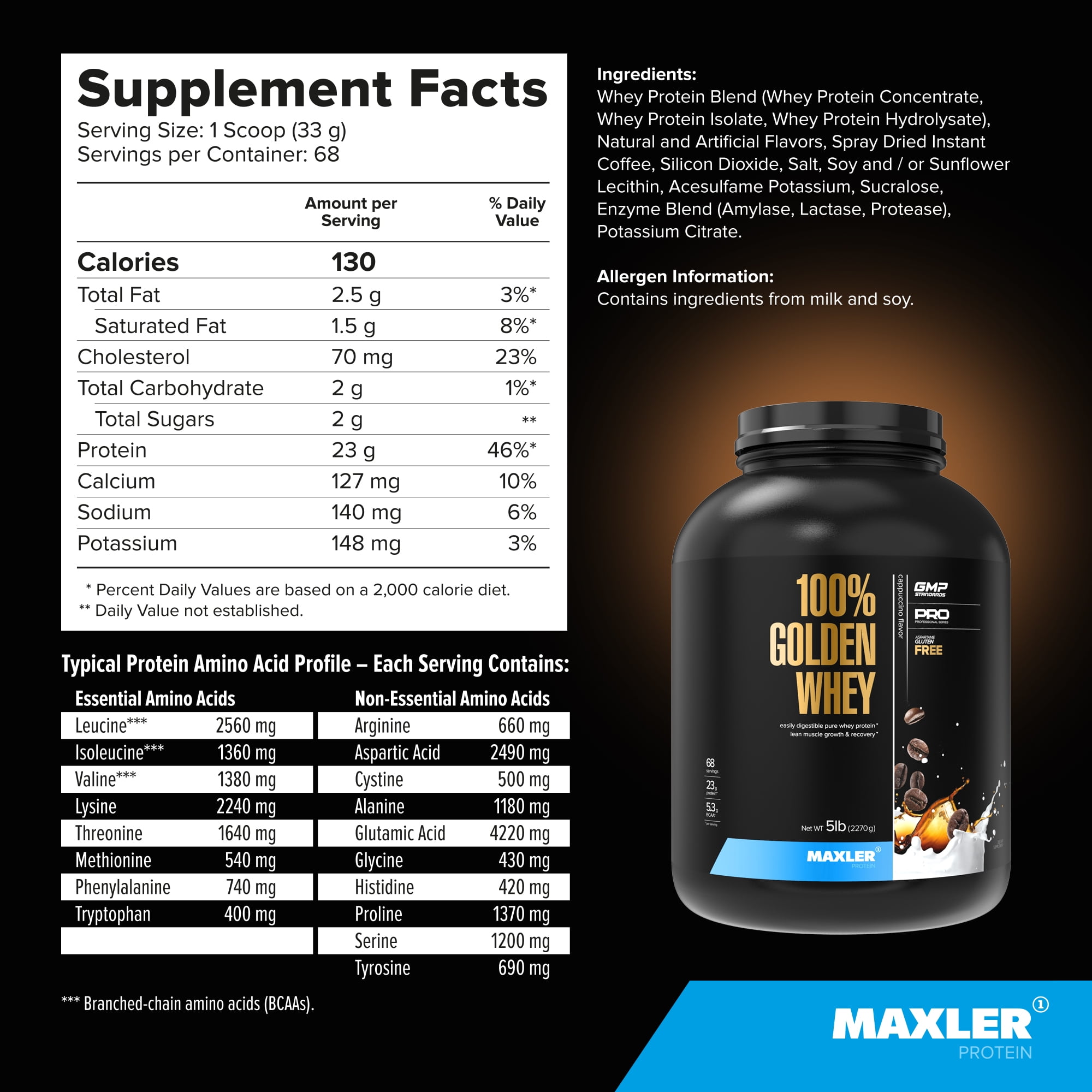 Maxler 100% Golden Whey Protein Powder - Cappuccino 5 lb