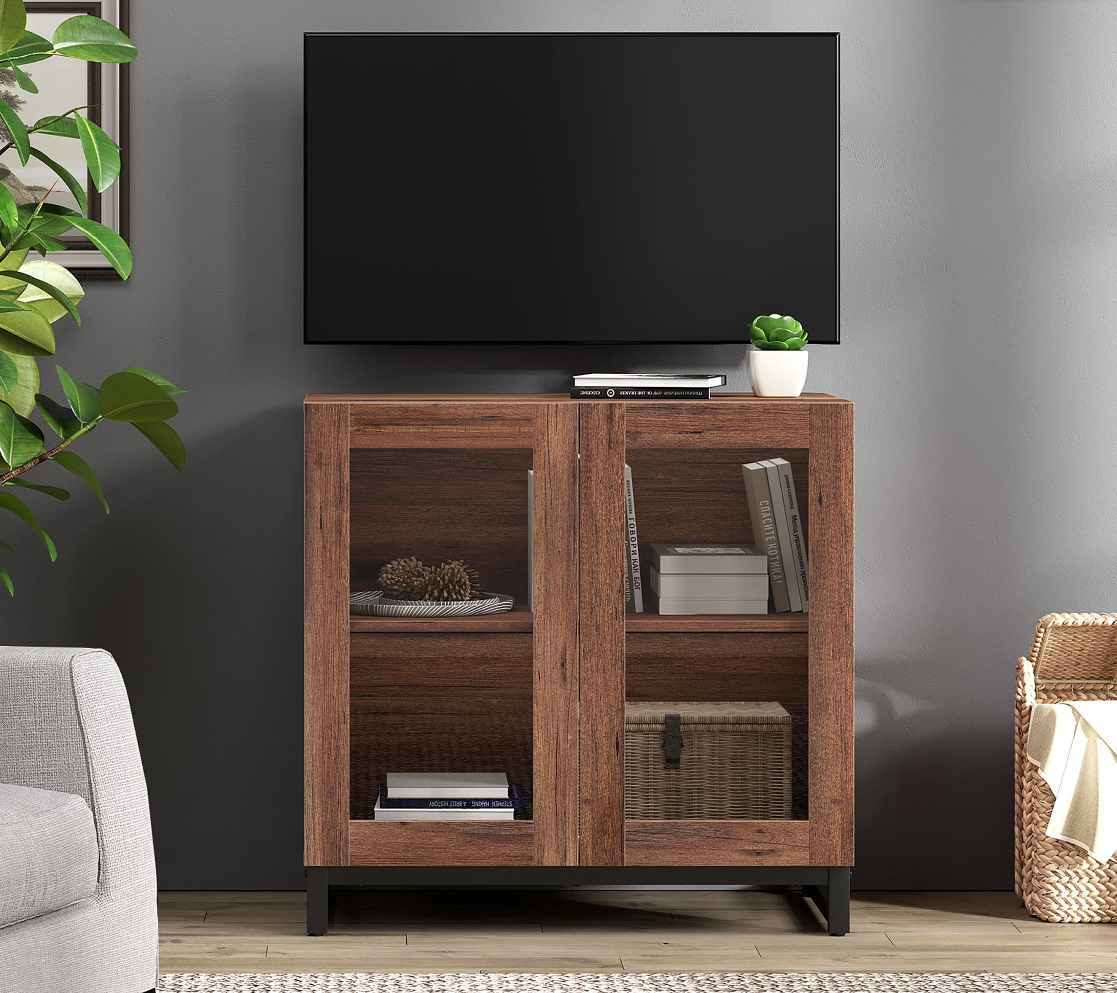 Modern TV Stand with Glass Doors, Entertainment Center TV Console with Adjustable Shelves, Media Storage Furniture for 32-40 Inch TVs, Suitable for Living Room,Brown