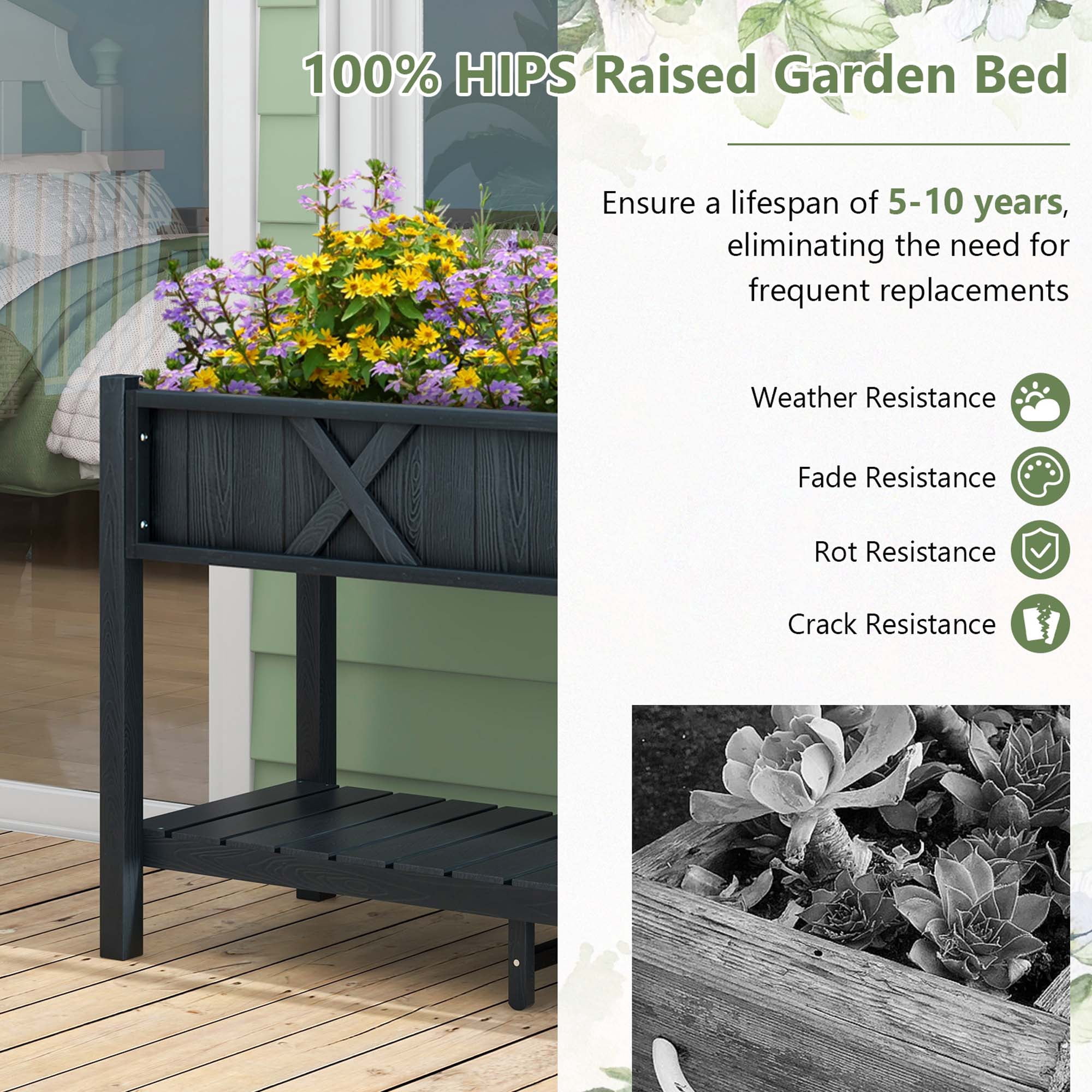 Costway HIPS Raised Garden Bed Poly Wood Elevated Planter Box with Legs, Storage Shelf Black