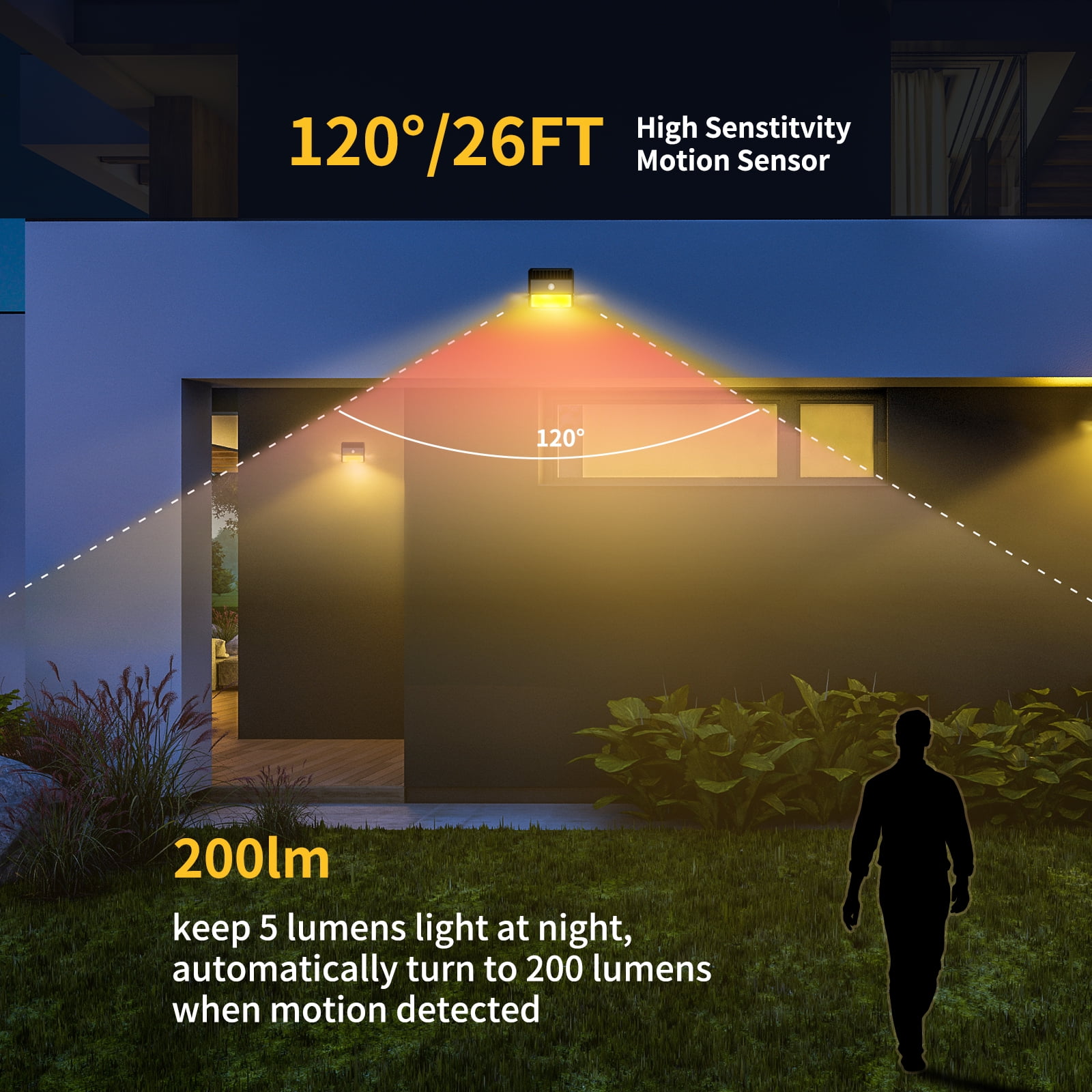 Mainstays LED Solar Powered Motion Outdoor Security Wall Light, Motion Activated, 200 Lumens