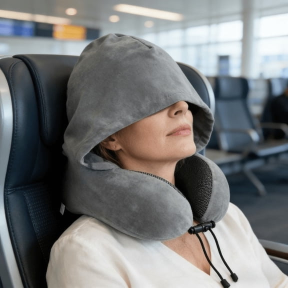 Memory Foam Neck Pillow with Hood, Ergonomic U-Shaped Travel Pillow