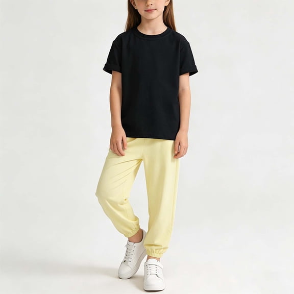 ITSAME Girls Outfit Set, Cotton Crewneck T-Shirt and Tapered Pants Summer Casual Clothes 2-Piece Yellow Size 10