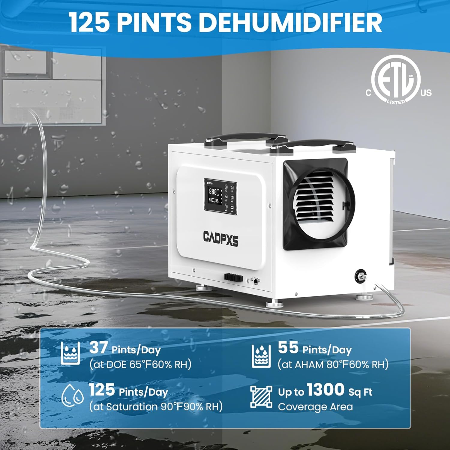 CADPXS Crawl Space Dehumidifier with Pump, 125 Pints Commercial Dehumidifiers with Drain Hose, Dehumidifier for Crawlspace, Basements & Water Damage Use, Auto Defrost, Memory Restart, cETL Listed