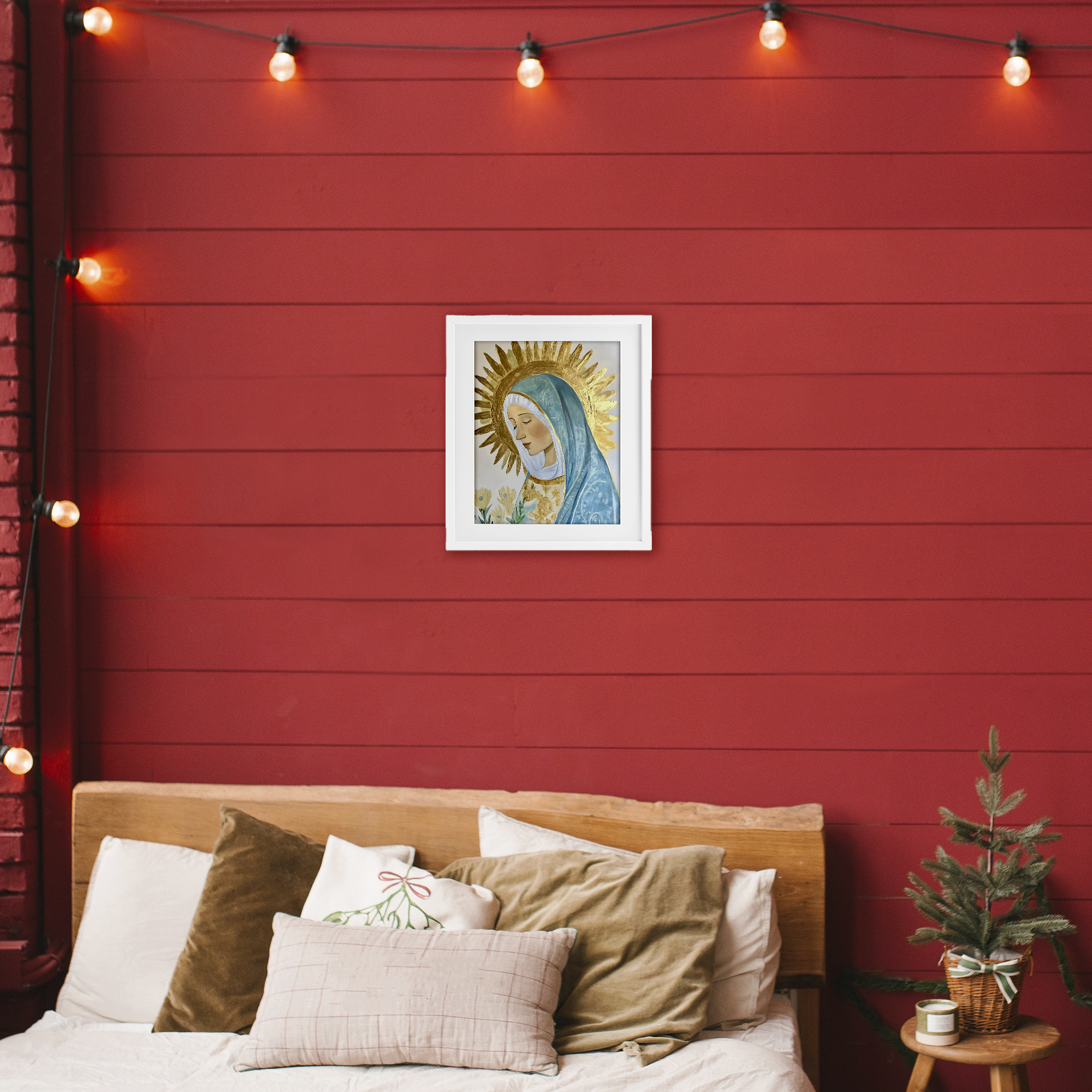 Holy Mary In Gold White Framed Print Under Glass, design by Franklyn Gregory