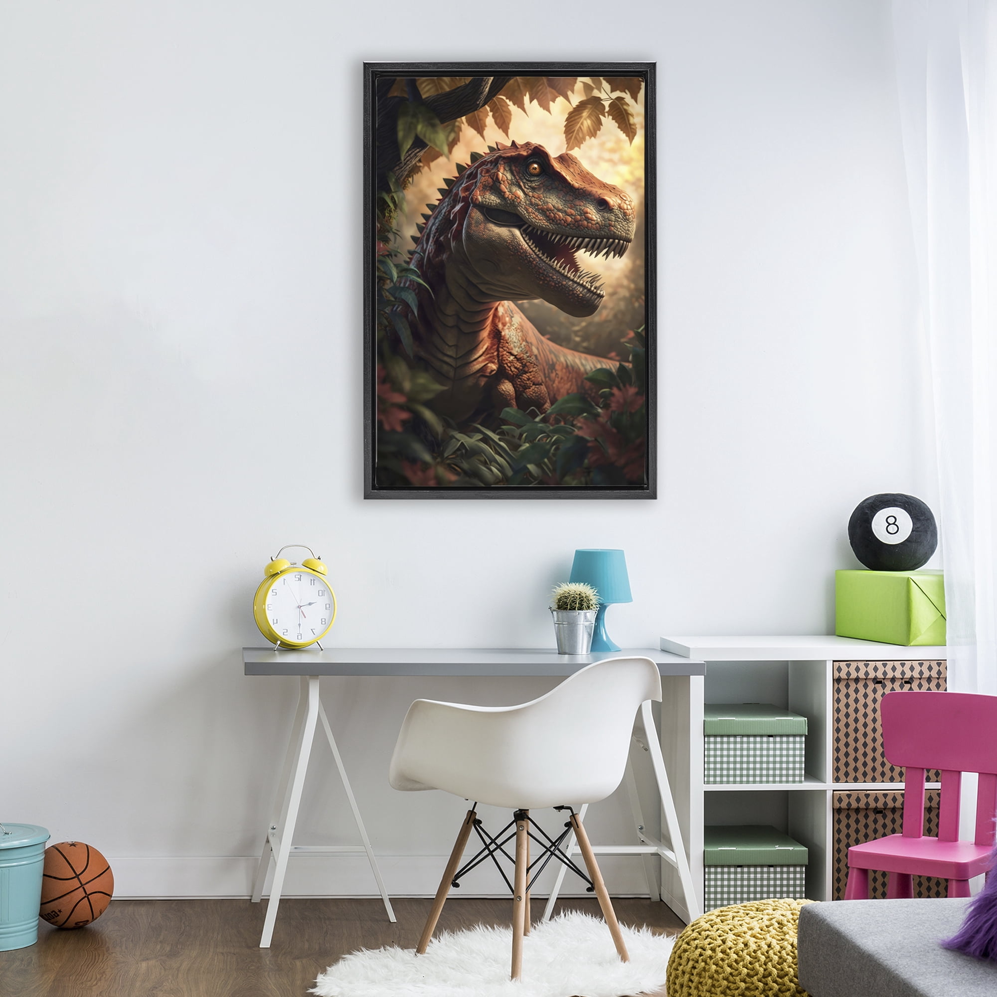 Stupell Industries Jungle Raptor with Ancient Foliage Black Framed Floater Canvas Wall Art, design by Creative Studio