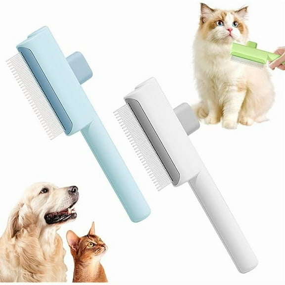Saluqifa Pet Hair Removal Comb Flea Comb, One-Click Self-Cleaning Pet Hair Removal Combs, Pats Brush with Release Button, for Massaging and Cleaning Shedding Pets Hairs (Blue White)
