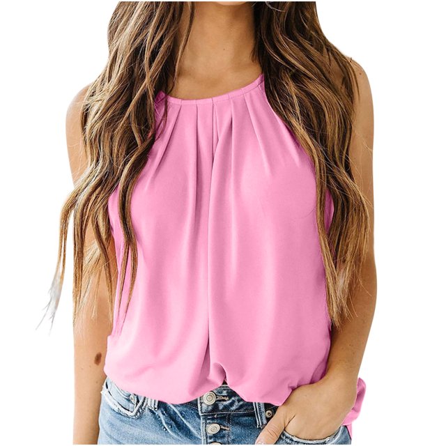 AherBiu Womens Tank Tops Solid Color Crewneck Ruched Sleeveless Dressy Casual Loose Business Camis Blouse