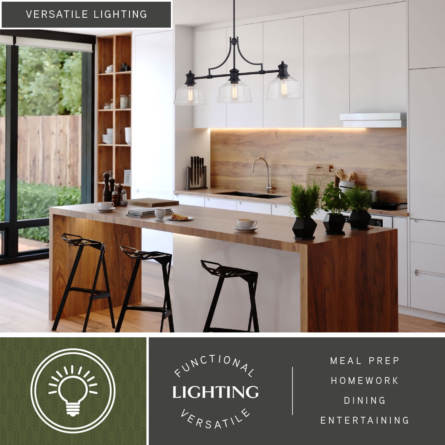 Beloit 3L LED Compatible Black Farmhouse Linear Chandelier Island Pendant Light Fixture Clear Glass