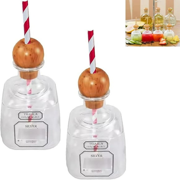 HLONK Bouteilles de Liqueur Réutilisables avec Paille, avec Trou pour Paille Mini Bouteilles de Tequila Vides en Plastique, Verres à Vin Portables (2 Pcs)