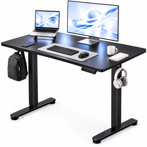 CHITOOMA 48" x 24" Electric Standing Desk with 4 Memory Preset Heights, Height Adjustable Sit Stand up Desk with Headphone Hook for Home Office, Black