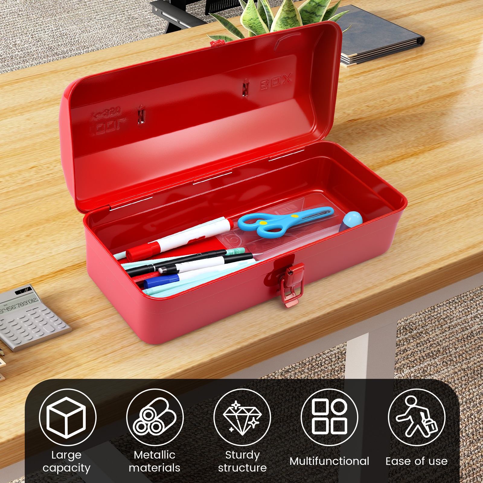Keyohome Large Metal Tool Storage Box with Handle for Workshop Portable Tool Case with Lid Locking Organiser Box for Hardware Part