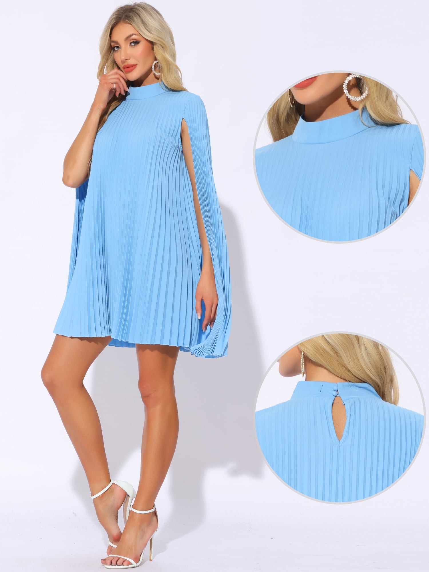 DARING DIVA Flowy Cloak Sleeve Cape Pleated Chiffon Dress L Blue
