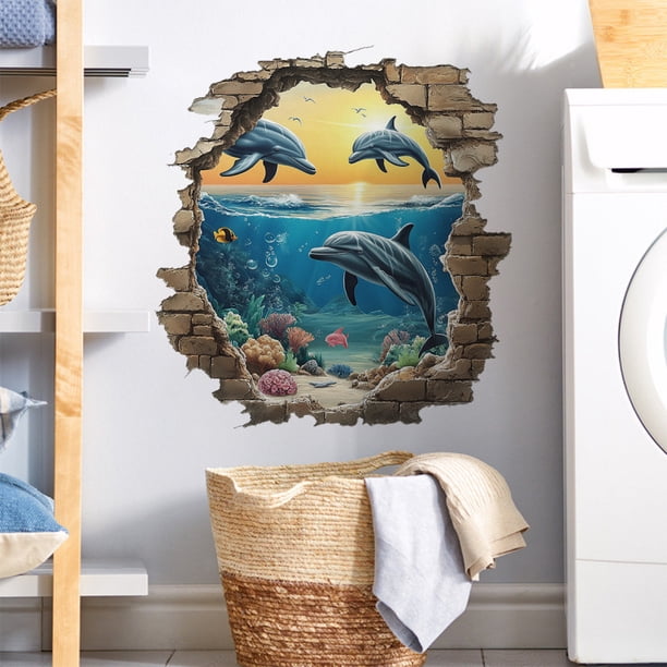 Adhesivos de pared 3D con escena submarina con delfines y océano, 40 x 50 cm