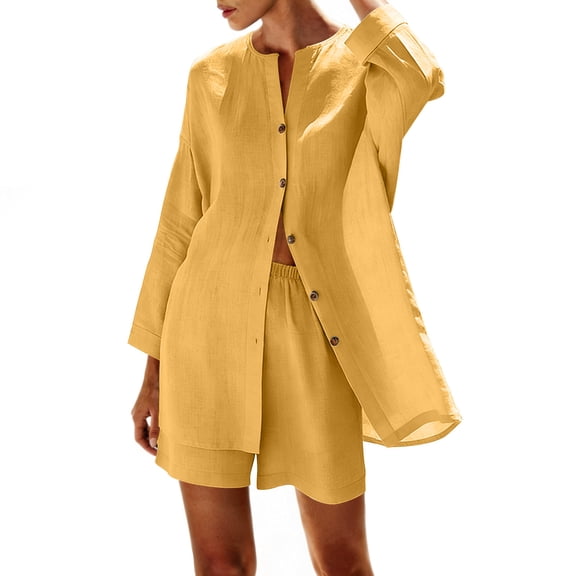 Ecqkame Linen Two Piece Sets for Women V-Neck Batwing Sleeve Top and Drawstring Waist Pocket Shorts Summer Casual Vacation Outfit Set Yellow M